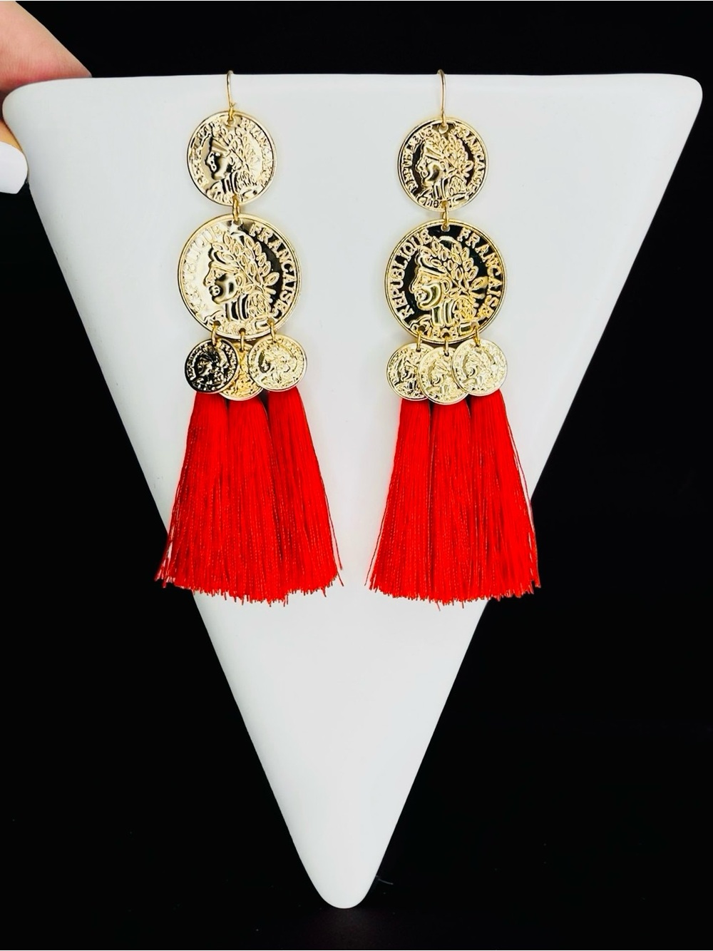 PrettyLittleThing Gold Coin Drop Earrings with Red Tassels